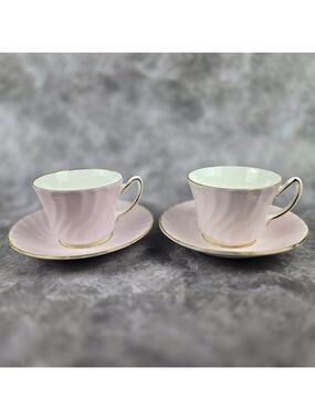 Vintage Delphine Bone China Set of 2 Pale Pink Cups & Saucers Gold Trim Accents